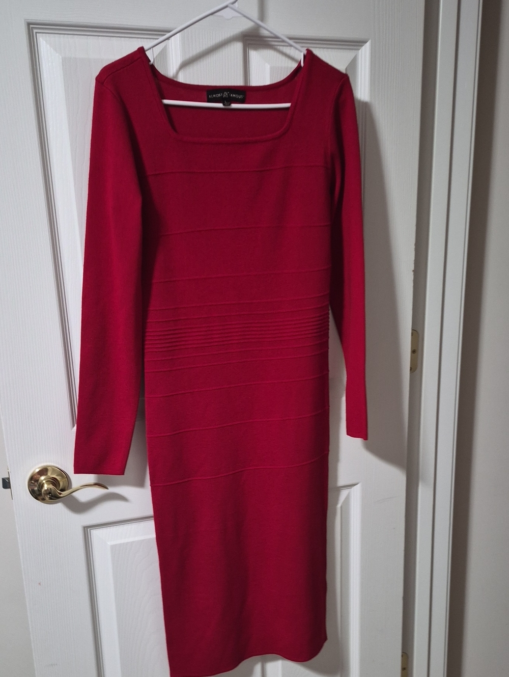 Almost Famous Fitted Long-Sleeve Square Neck Dress in Raspberry